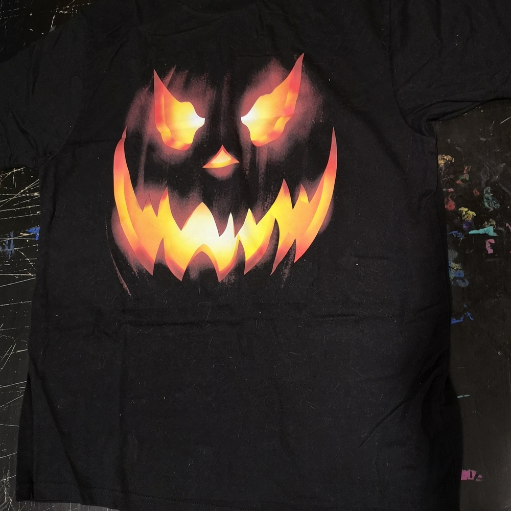 Black T-Shirt with Fiery Pumpkin Design